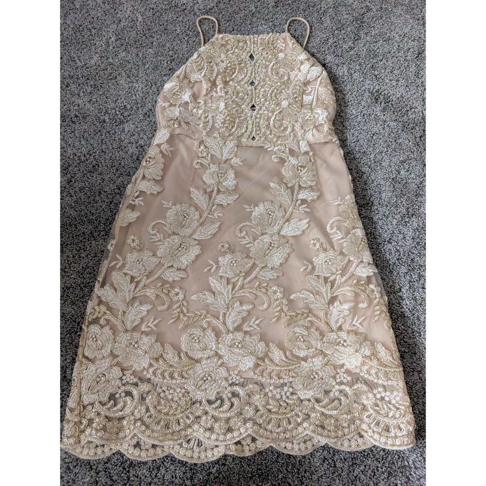 Kimcine Nude Gold Floral Embroidered Lace Up Back Halter Mini Dress Small KCD161